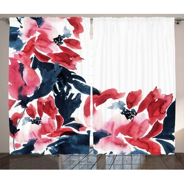 Ambesonne Floral Curtains 2 Panel Set, Peonies Spring Inspired, 108" x 84", Dark Blue Red