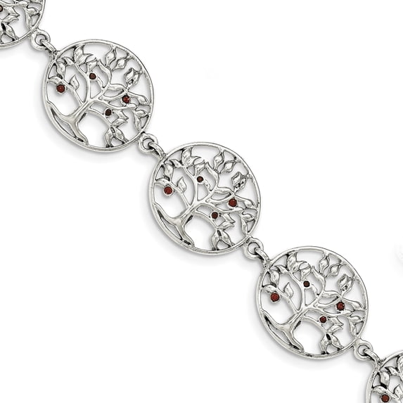 Beautiful Sterling Silver Polished Red CZ Tree Circle Link Bracelet