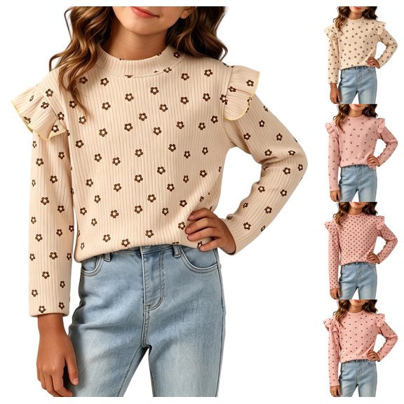 XRoczxe Girls' Autumn/Winter Blouse: Semi-high collar, shoulder paneling, double-layer lettuce-edge ruffles, and printed design.