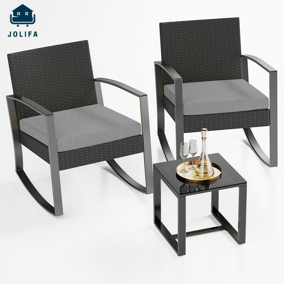 Jolifa 3-Piece Patio Set with Glass Table for Porch|Poolside|Backyard,330lb Capacity,Grey Cushions