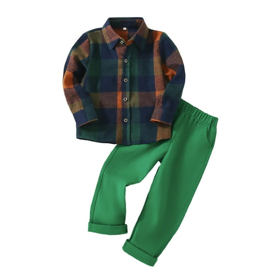 GBSYEWXS Casual Teen Boys Outfit Set Size 6-7 Years Cute Leisure Shirt Pant Plaid Print Collared Green Clothing Sets