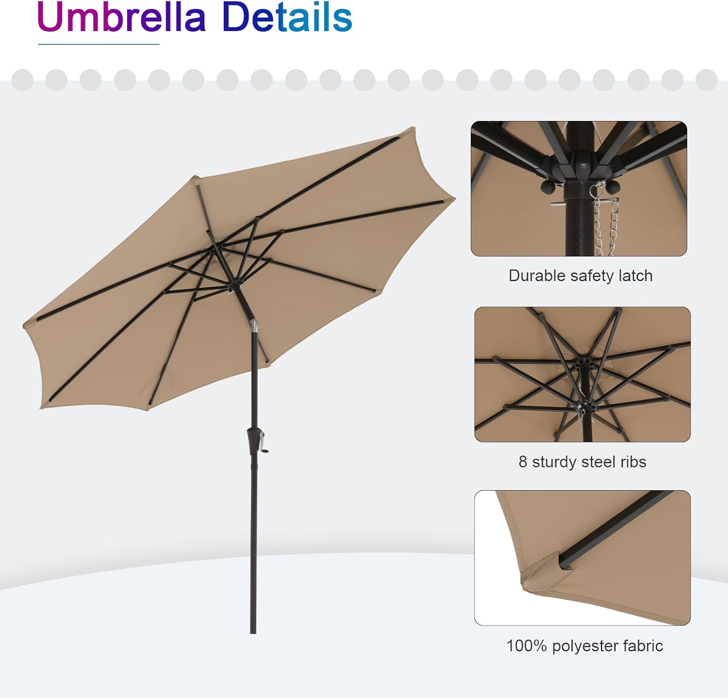 Simenmax 9ft Patio Umbrella, Outdoor Table Umbrella of 9-Feet with 8 Ribs and Push Button Tilt and Crank, Brown