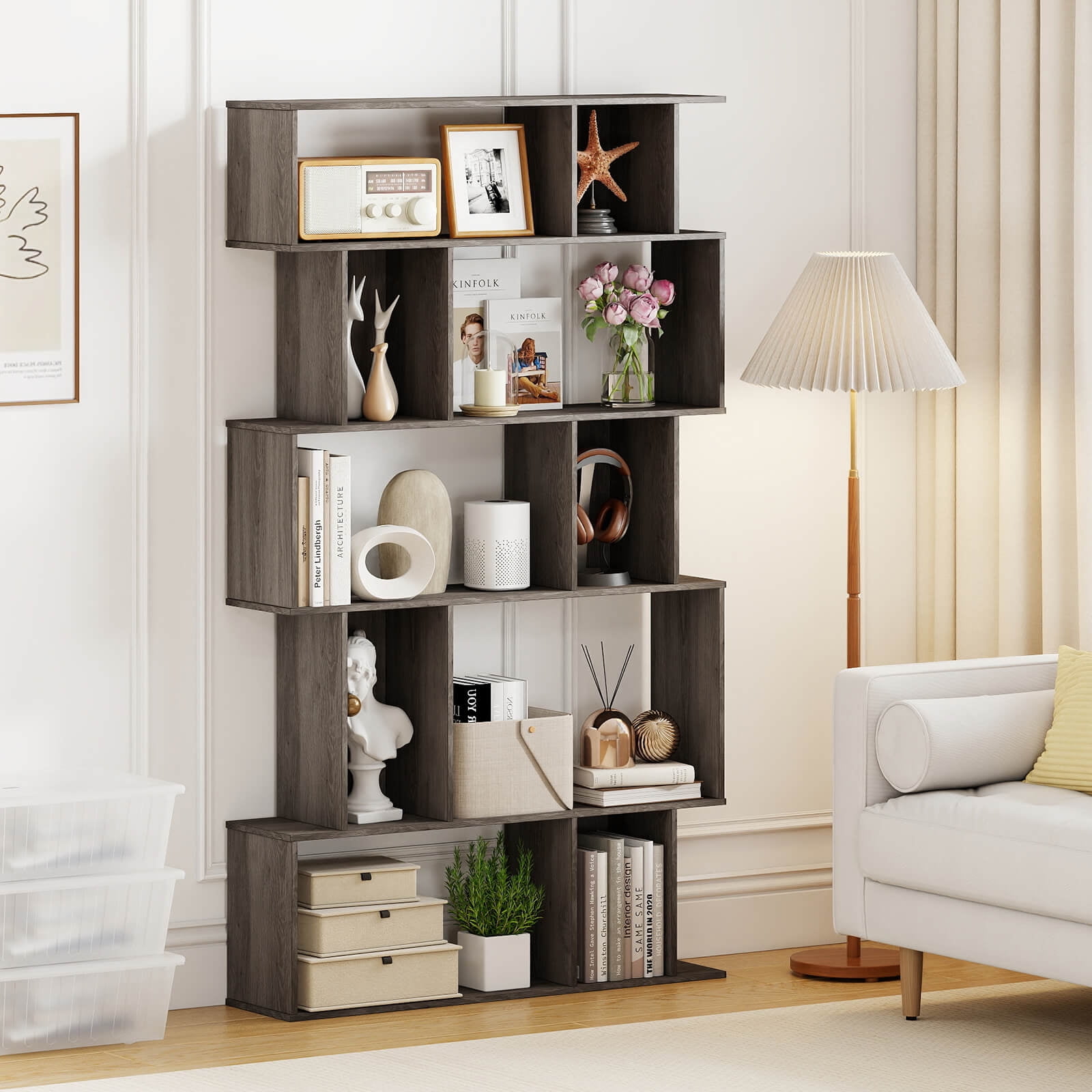 Costway 1 PCS 5-Tier Geometric Bookshelf with Open Shelves & Closed-back Cubes for Living Room Gray Oak