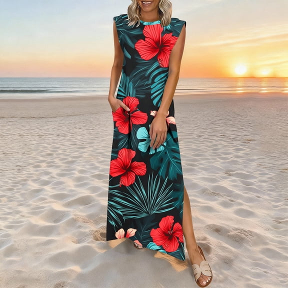 Qzwdhjm Womens Floral Dresses Cap Sleeve Tunic Dress Round Neck Maxi Dresses Slit Side Loose Fit Sundress for Beach Party with Pocket