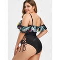 thumbnail image 4 of Más el tamaño de la impresión del cordón palma hacia arriba con volantes de una sola pieza del traje de baño Rosegal Camisetas tallas grandes, 4 of 5