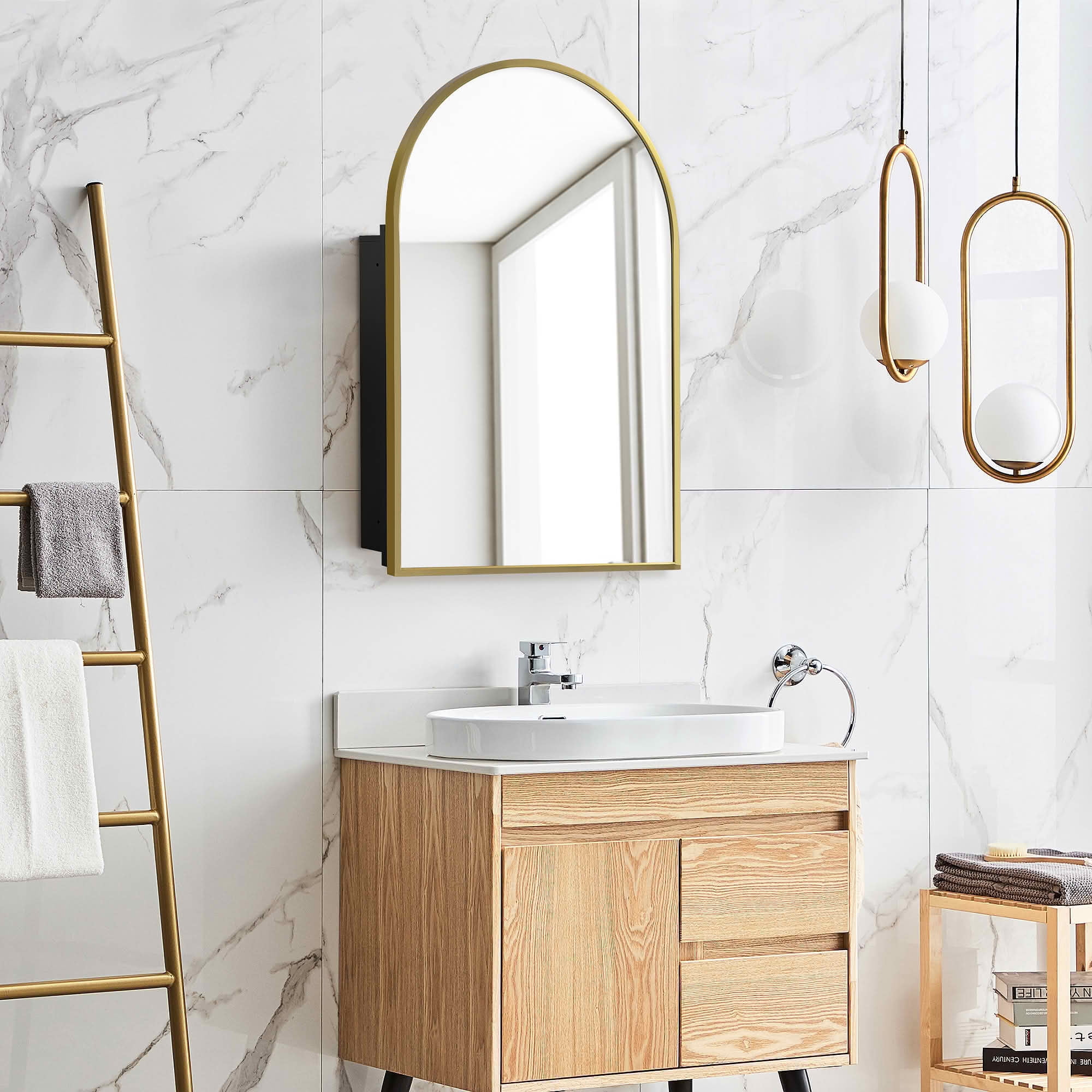 MAYEERTY 36x24x5 Inch Gold Metal Right Angle Arched Medicine Cabinet, Single Piece for Bathroom