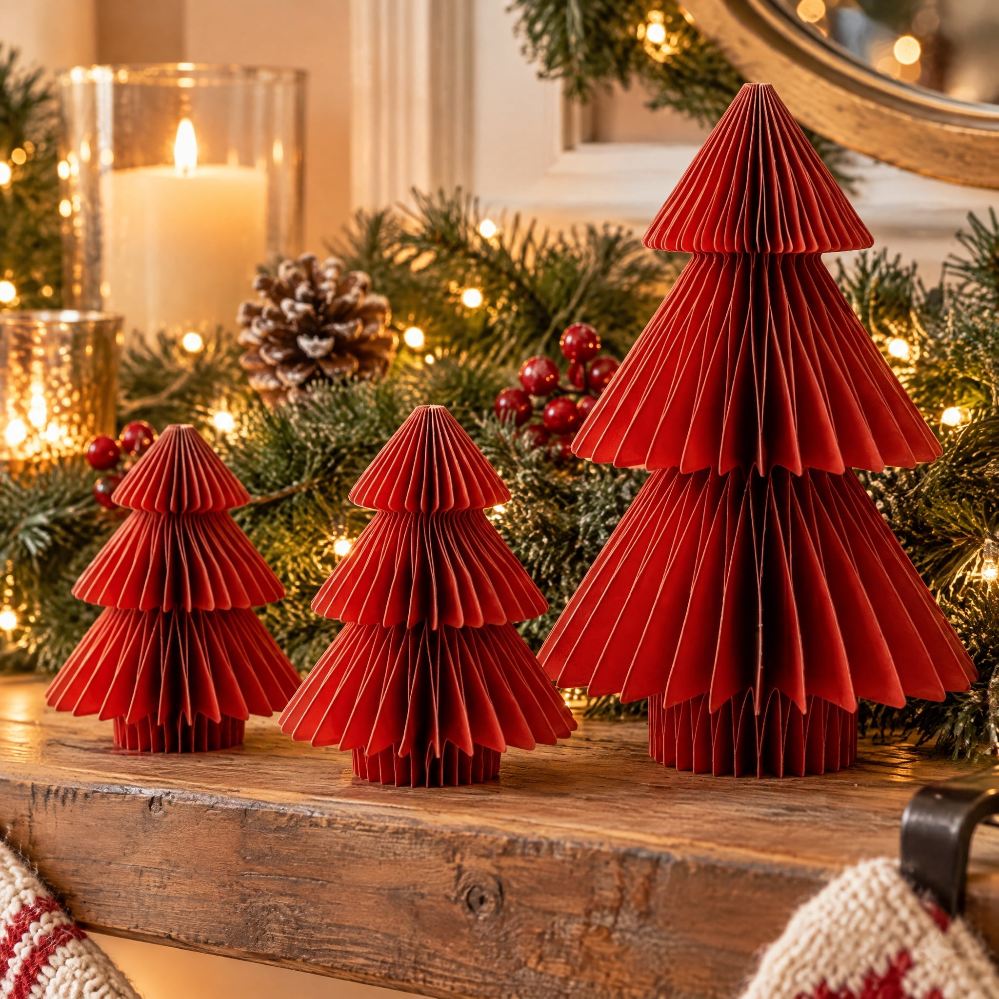 Paper Honeycomb Trees Christmas Decoration, Red, 3 Pieces, by Holiday Time