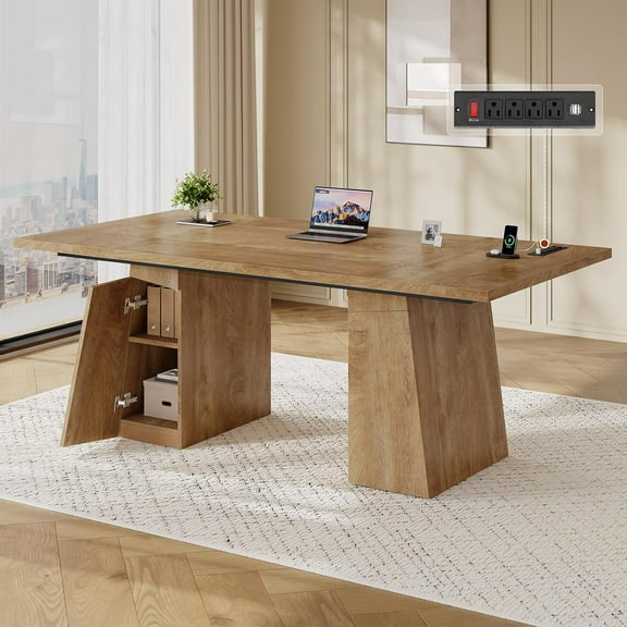 63" Executive Desk with Power Outlets, Modern Home Office Desk with Storage Cabinet, Computer Desk Conference Table, Oak