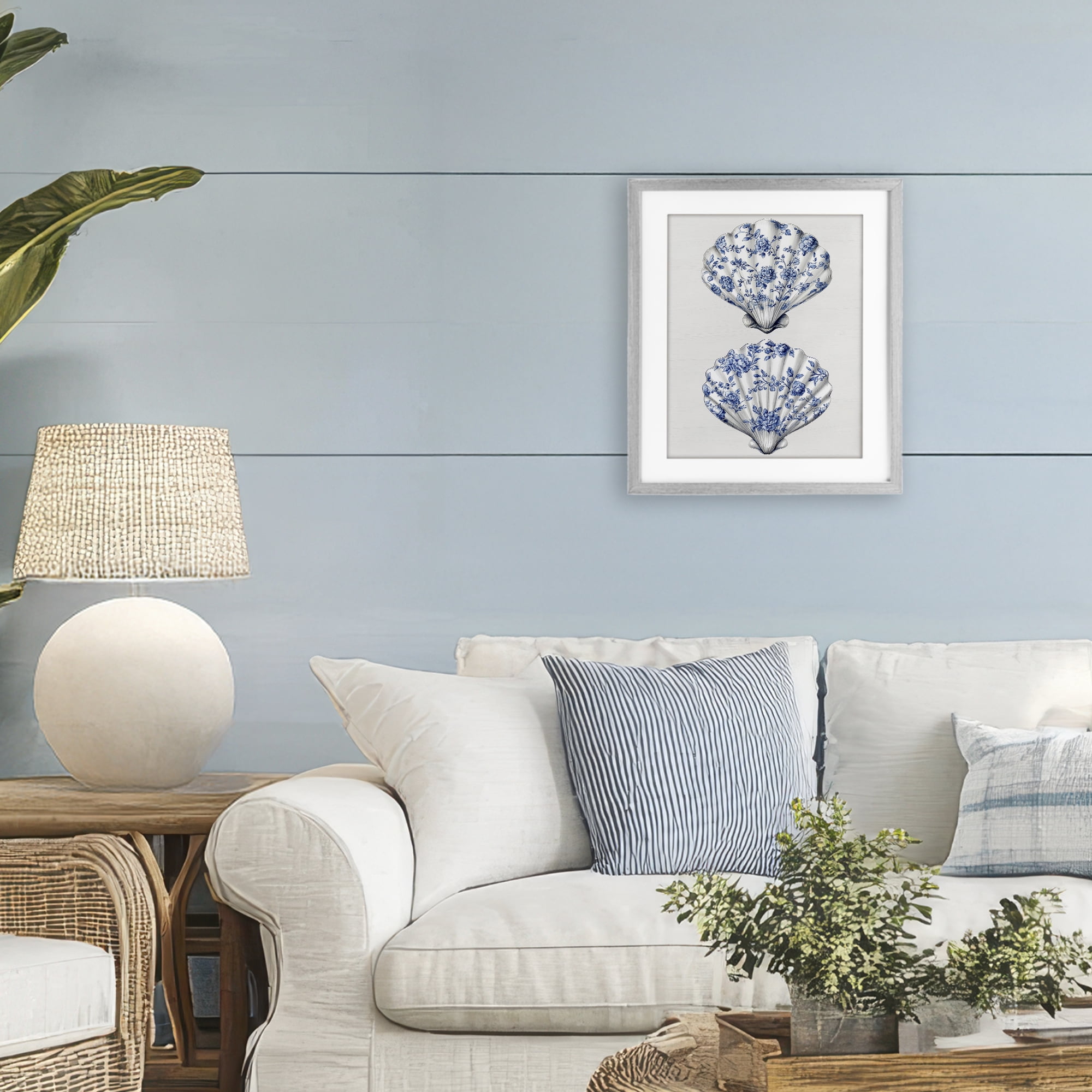 Delicate Toile Seashells Gray Framed Print Under Glass, design by Lettered and Lined
