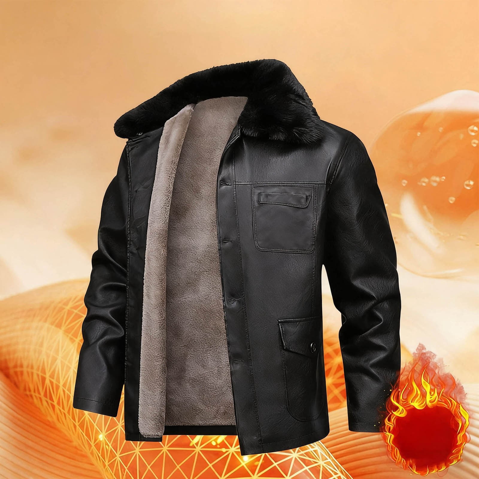 safuny Mens Classic Faux Leather Jacket Vintage Fleece Lined Leather Coat Fur Collar Classic Coat with Pockets Black XXXL