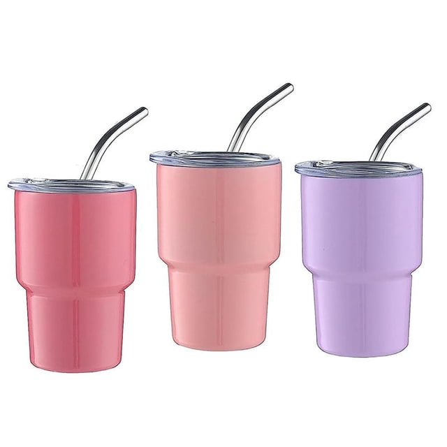 Paquete de 3 Minivasos Chupito con Pajita y Tapa, Minivasos, Vasos Doble Pared, 2 Onzas (A)