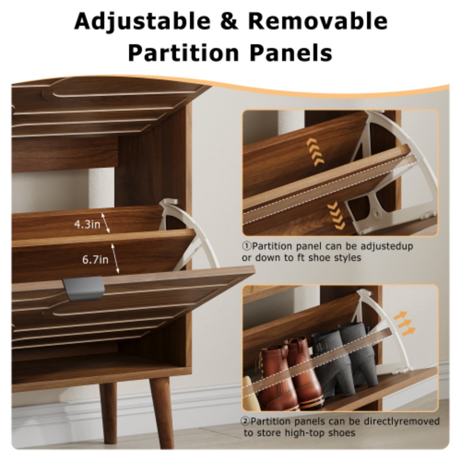 Medieval Modern Shoe Cabinet, 24" Walnut Entryway Shoe Storage Cabinet with 2 Flip Drawers, Slim Freestanding Shoe Organizer for Hallway, Corridor, Entryway