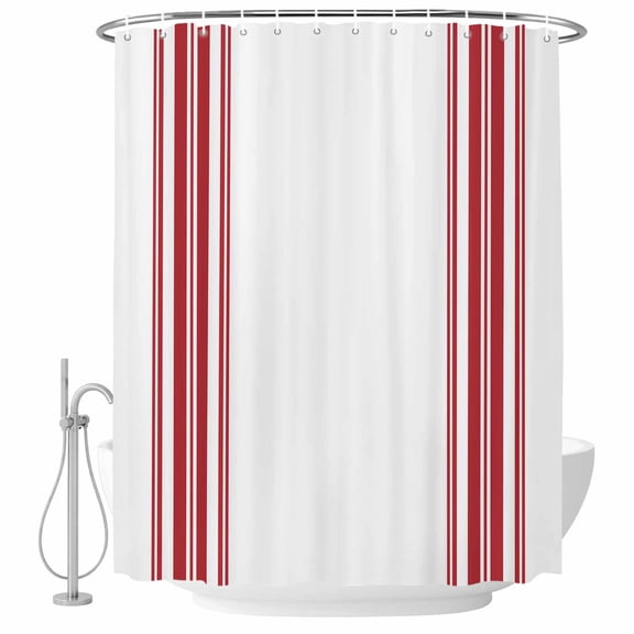 Red Ticking Vertically Stripe Fabric Shower Curtain Simple Style White Washable Shower Curtains for Bathroom, Waterproof Bath Curtain with Hooks Home Decor 72x84in