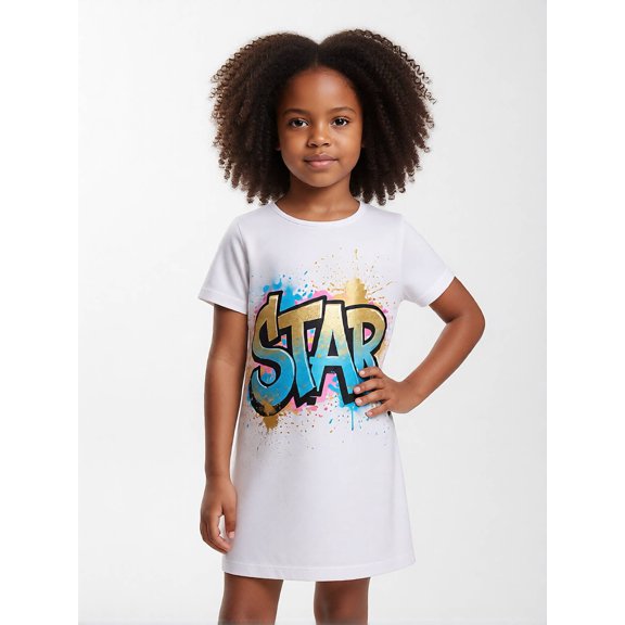 Girls Comfy-Fit Stylish Short Sleeve Dress Relaxed-Fit Crew Neck Casual Sundress for Youth Girls Age 5-12