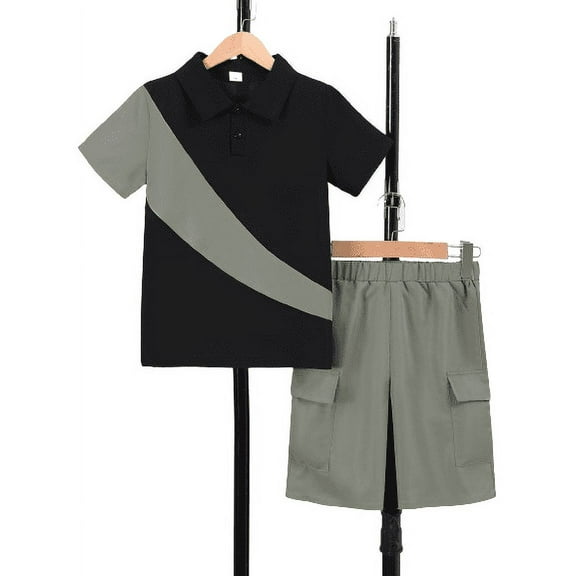 Mikrdoo 11-12 Years Big Boys Summer Clothes Color Splicing Short Sleeve Polo Shirt Elastic Shorts 2-Pieces Outfit Sets (7-14Y,Green)