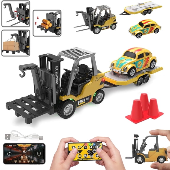Flynow Mini RC Car Truck Forklift Toy for Kid 3  Years Old, 1/64 Rechargeable Remote Control Trailer, Electric Vehicle with Lift Fork Hook Light Sound, Birthday Gift for Boy Age 4 5 6 7 8 9