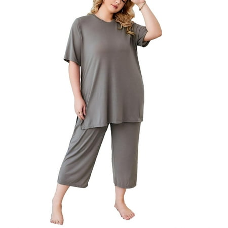 

Round Neck Pant Sets Elbow-Length Grey Plus Pajama Sets (Women s)