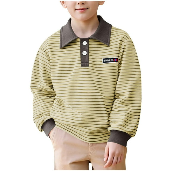 bbymog Boys' Fashion Long Sleeve Shirts Stripe Turndown Pullover Tops Fall Casual Uniform Shirts for Boys Yellow 100
