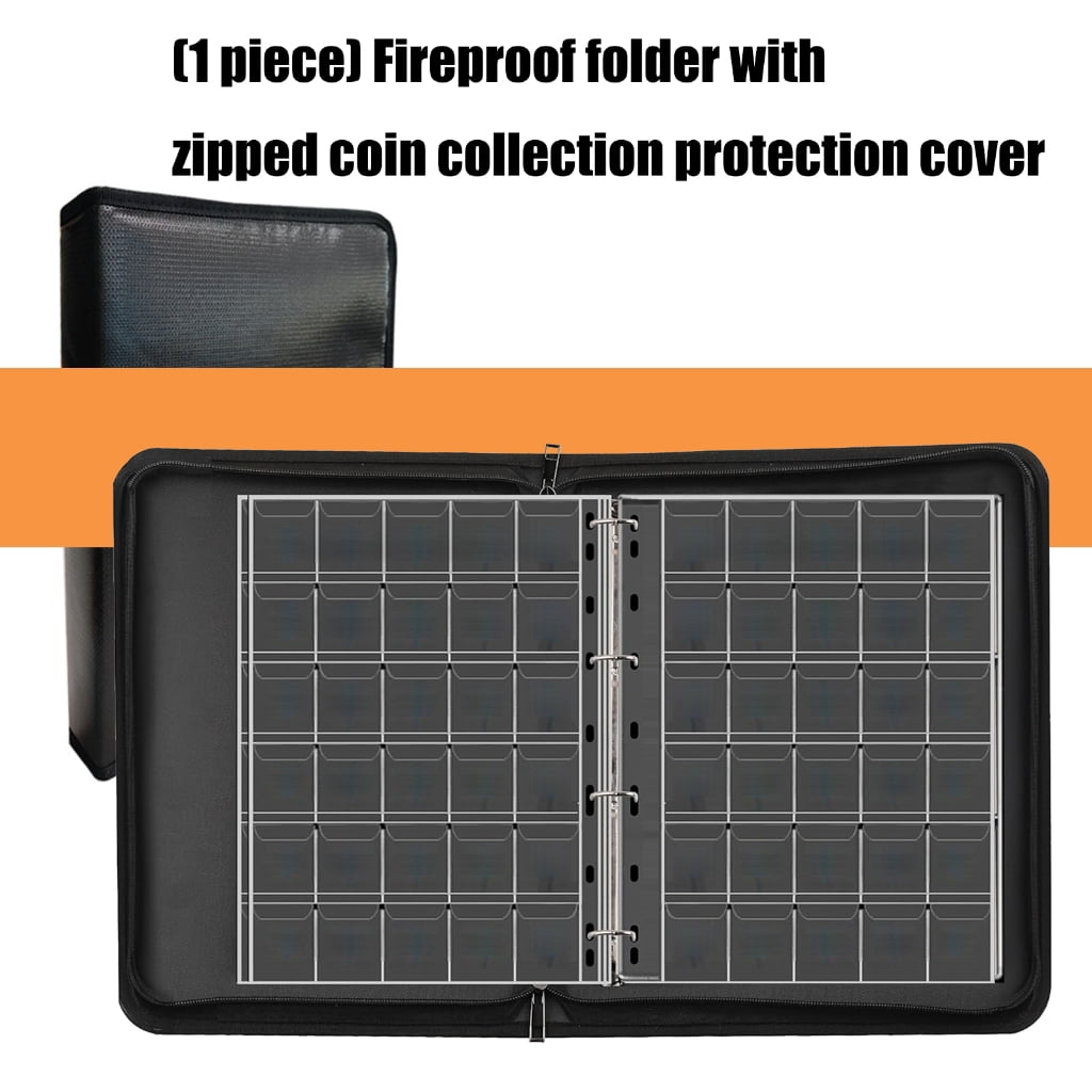 Fireproof Zippered Money Coin Collection Book with 360 Pocket and 15 Sleeves