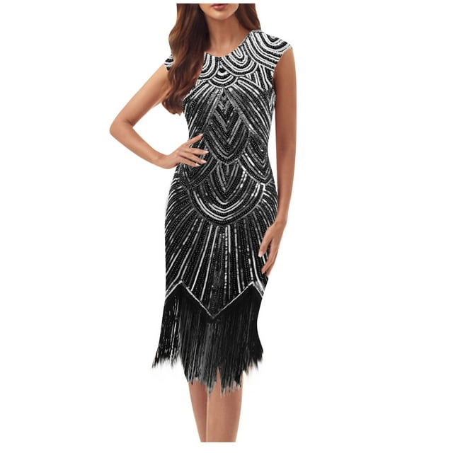 FcBaudy Robe Sans Manches à Épaules Dénudées, Robes d'Été pour Femmes, Robe à Col Rond Sans Manches à Paillettes avec Franges pour le Printemps et l'Été, Robe de Fête, Robe de Banquet, Robe de Danse, Robe Mini pour Femmes