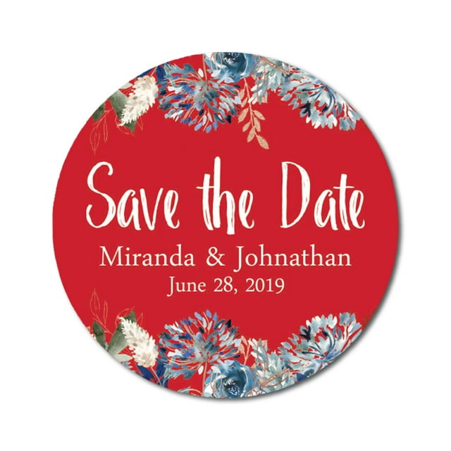 Darling Souvenir Round 45 Pcs Floral Border Save The Date Stickers Wedding Personalized Bride Groom Names And Date Envelope Seals - Red
