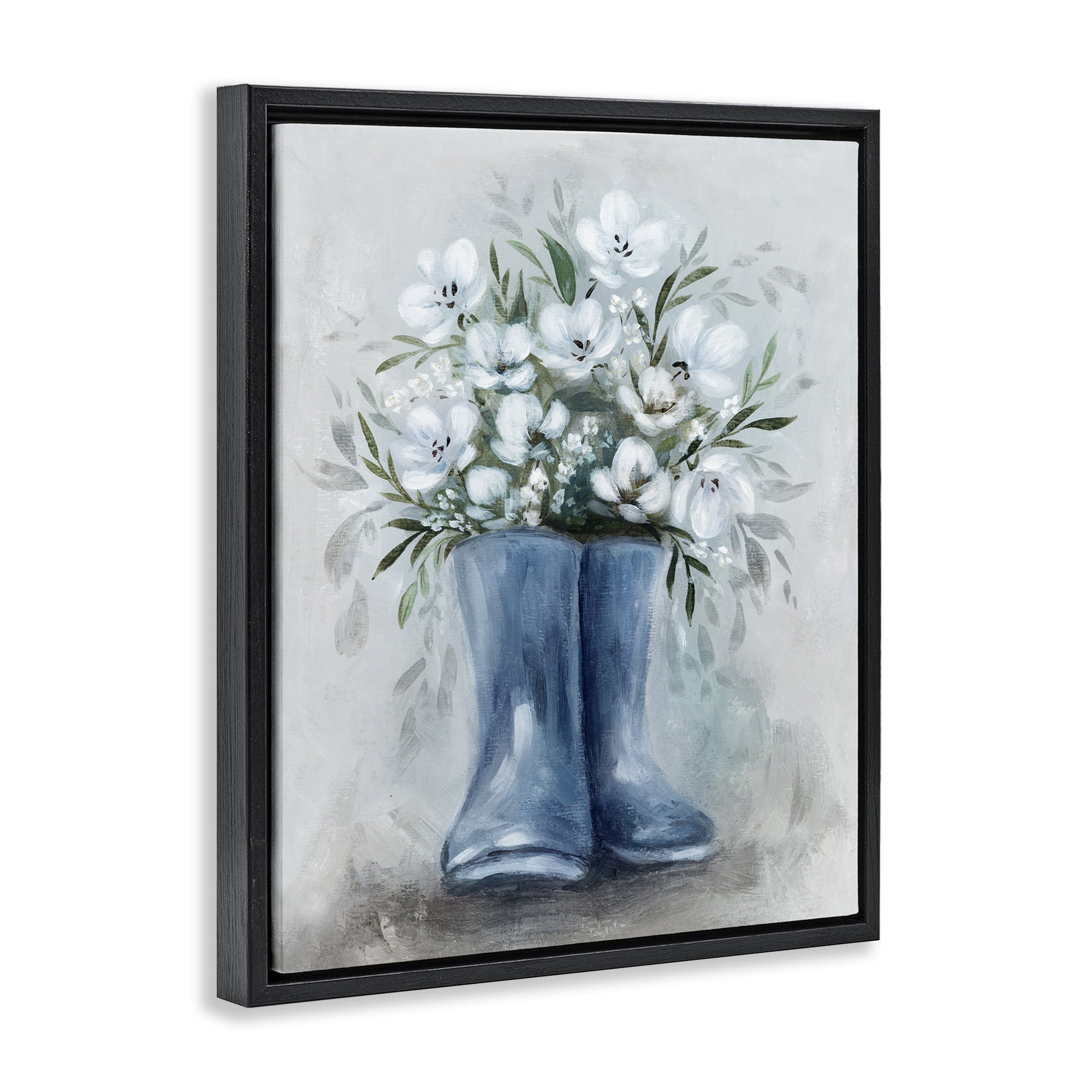 Stupell Industries Botanical Bouquet in Blue Boots Black Framed Floater Canvas Wall Art, design by Kristen Brockmon