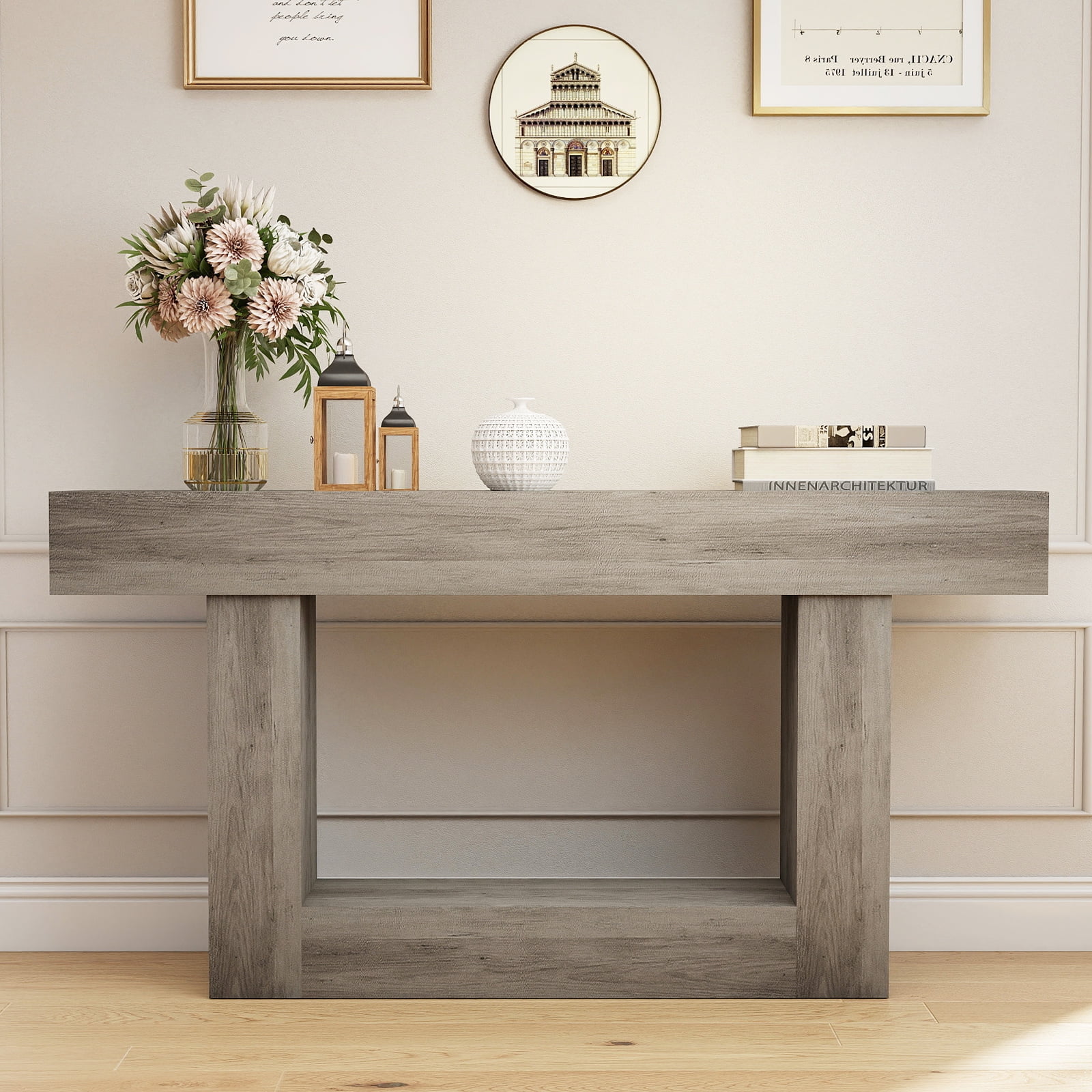 Demi Bonn 63" Wood Console Table, Farmhouse 2-Tier Sofa Table Entryway Table, Foyer Display Table, Gray