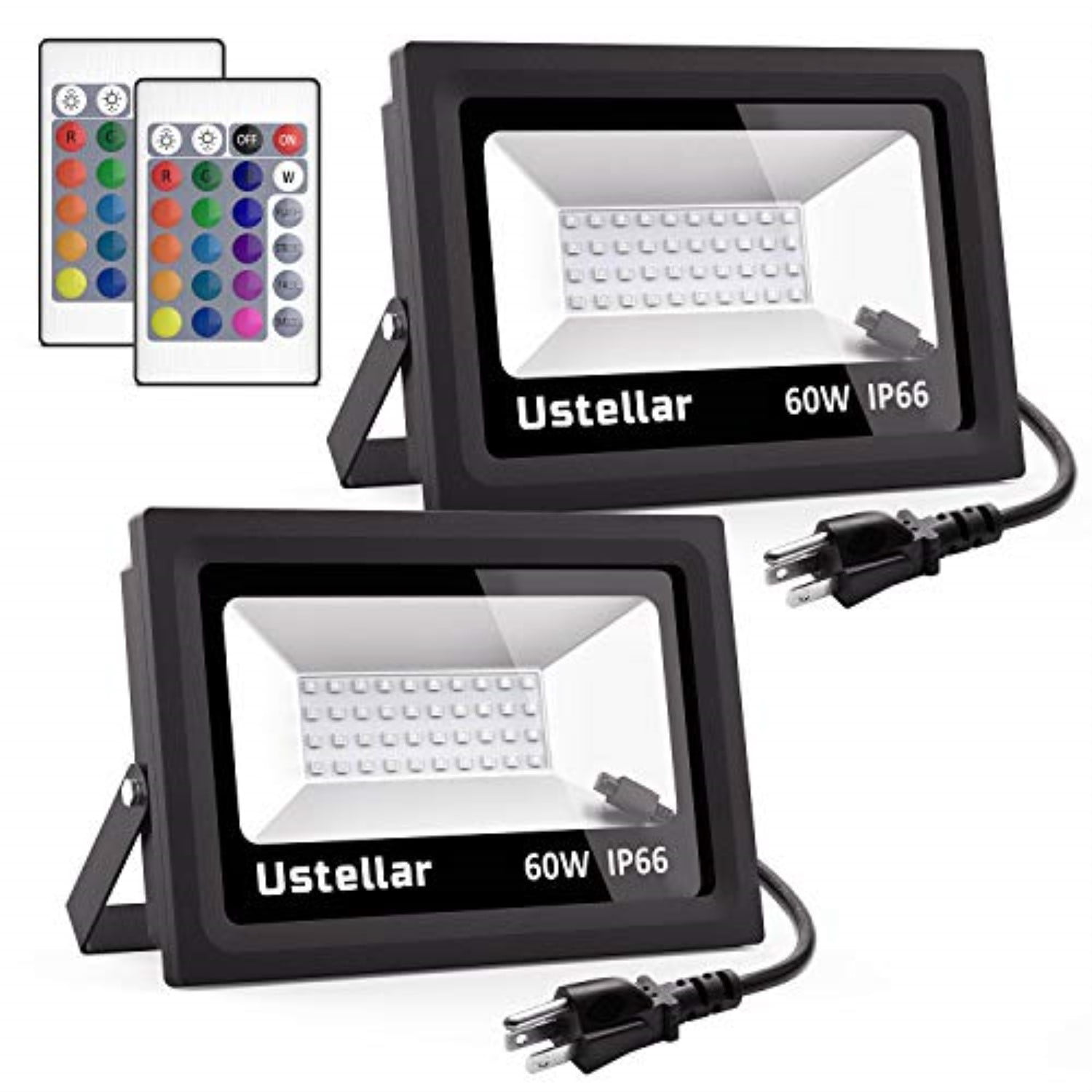 2 Pack Outdoor Color Changing Floodlight with Remote Control RGB LED Flood Lights IP66 Waterproof 16 Colors 4 Modes Dimmable Wall Washer Light Stage Lighting with US 3-Plug,AC85-265V,10W