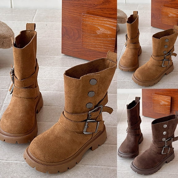 Miluxas Girls Mid Calf Boots Cowboy Cowgirl Boot Kids Winter Western Shoes Round Toe Lug Sole Comfortable Slip On Long Boots Anti-Slip Wide Calf Riding High Boot Coffee 2 M(36)
