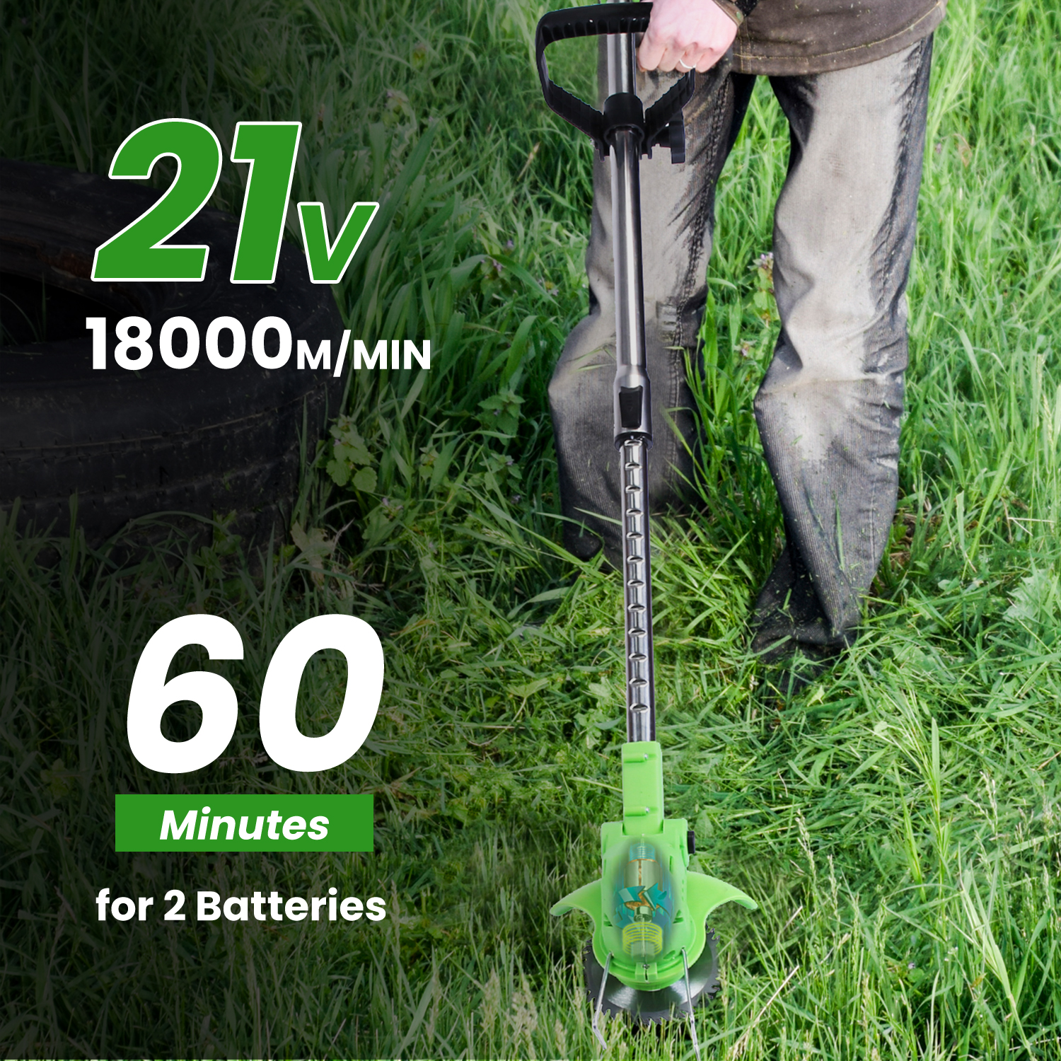 21V 300W Cordless Grass Trimmer Rechargeable Lawn Mower 18000M/Min Weed Cutter with Saw Blade 2 Stainless Steel Blades 10 Plastic Blades 2 Rechargeable Batteries Goggles Gloves