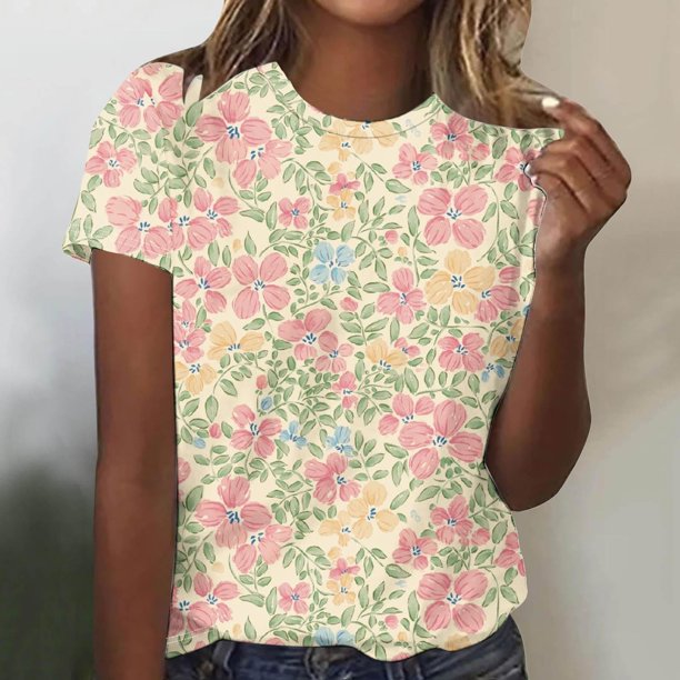 Fiudx Camisas para Mujer Camiseta de Manga Corta con Cuello Redondo y Estampado Informal para Mujer