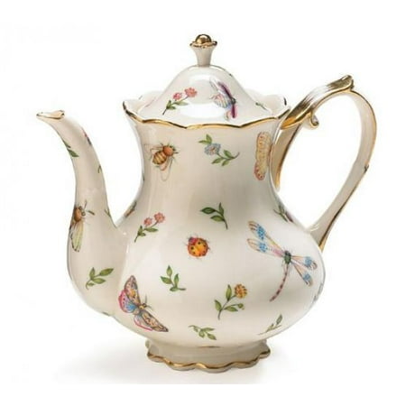 Golden Garden Teapot - Porcelain Butterfly & Dragonfly Teapot Trimmed In Gold