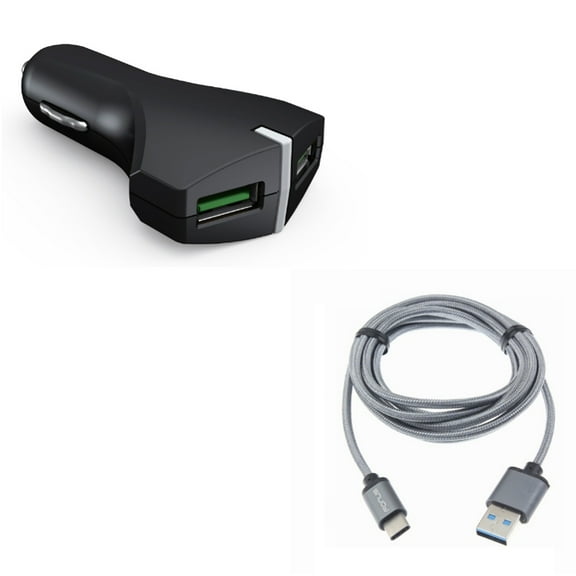 Charger Cord Type-C 10ft USB Cable w 2-Port USB 36W Fast Car Charger K4R for Acer Liquid Jade Primo - Alcatel PulseMix, 7, Idol 5S 5 4S - ASUS Zenfone V Live, ROG Phone, AR 6 5z 4 Pro