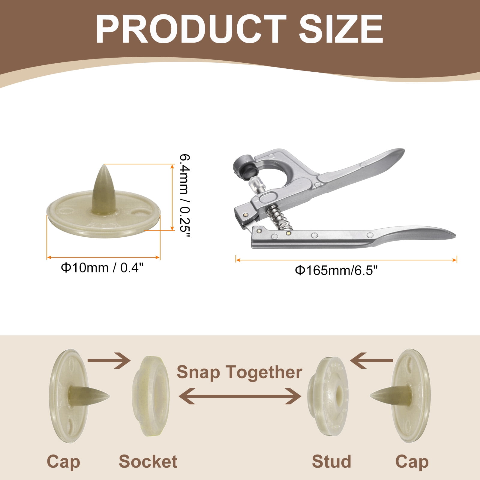 Uxcell Plastic Snaps Fasteners with Snap Pliers, 200 Set T3 Round Resin No-Sew Button Snap Fasteners Kit Beige