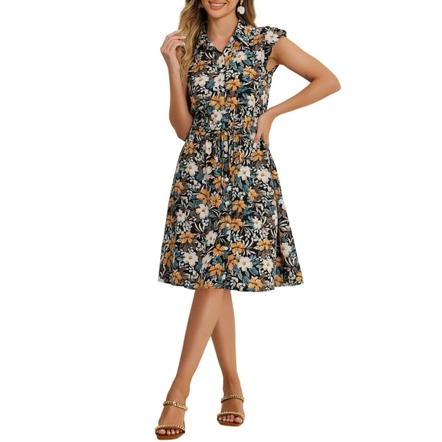 Vestido de Verano de Chifón Floral Inspire Chic para Mujer con Mangas Cortas, Vestido Casual con Cintura Elástica Fruncida XL Negro-Amarillo