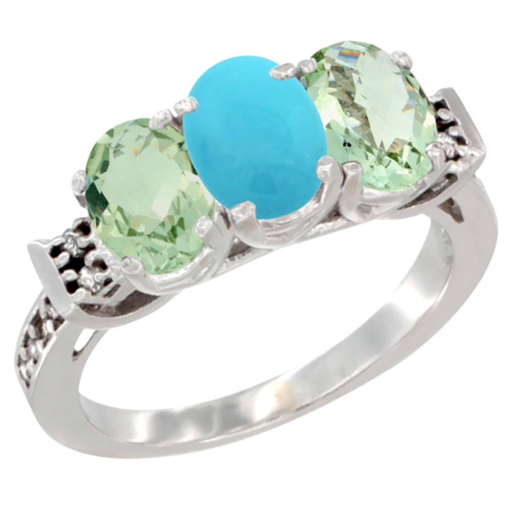 10K White Gold Natural Turquoise & Green Amethyst Sides Ring 3-Stone Oval 7x5 mm Diamond Accent, sizes 5 10 by WorldJewels