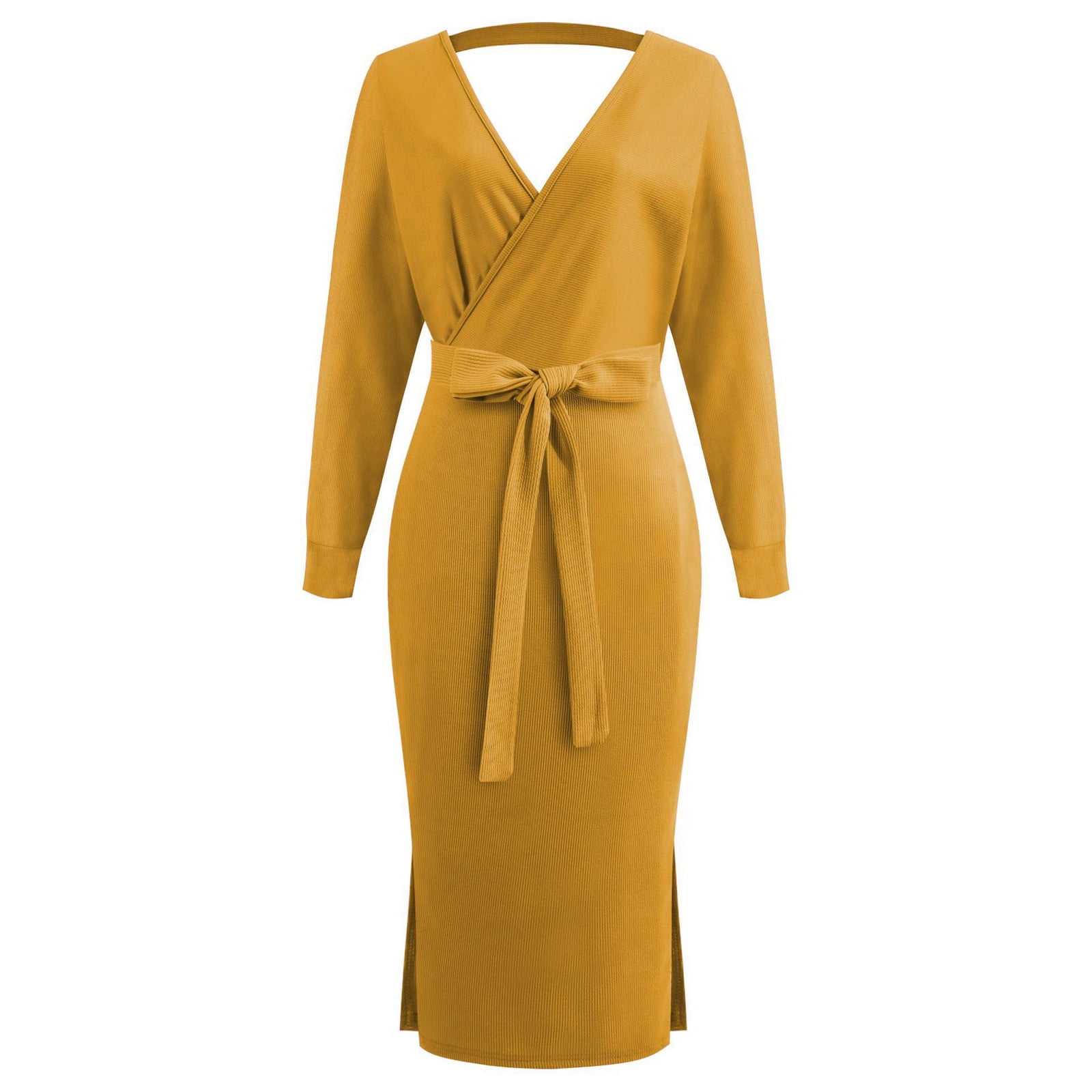 JGGSPWM Women's Long Sleeve Knit Midi Dress Wrap Front Tie Waist V Neck Hip  Wrap Warm Dresses Yellow 3XL - Walmart.com