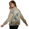 thumbnail image 3 of Xoenoiee Womens Bomber Jacket Cropped Zip Up Varsity Jacket Loose Fit Casual Coat Lightweight Fall Winter Outwear With Pockets, Butterfly Daisy Flower Beige, Large, 3 of 7