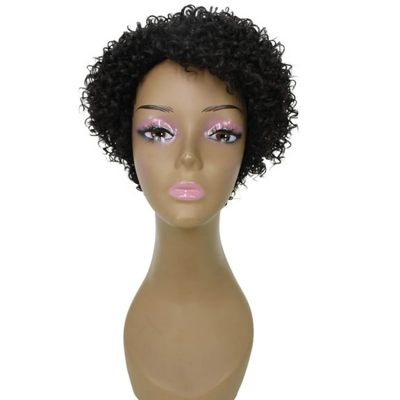 LUXLUXE Leila Curly Kinky 10 in Long Full Wig No Lace Wig, Heat Resistant Fibers,Dark Brown