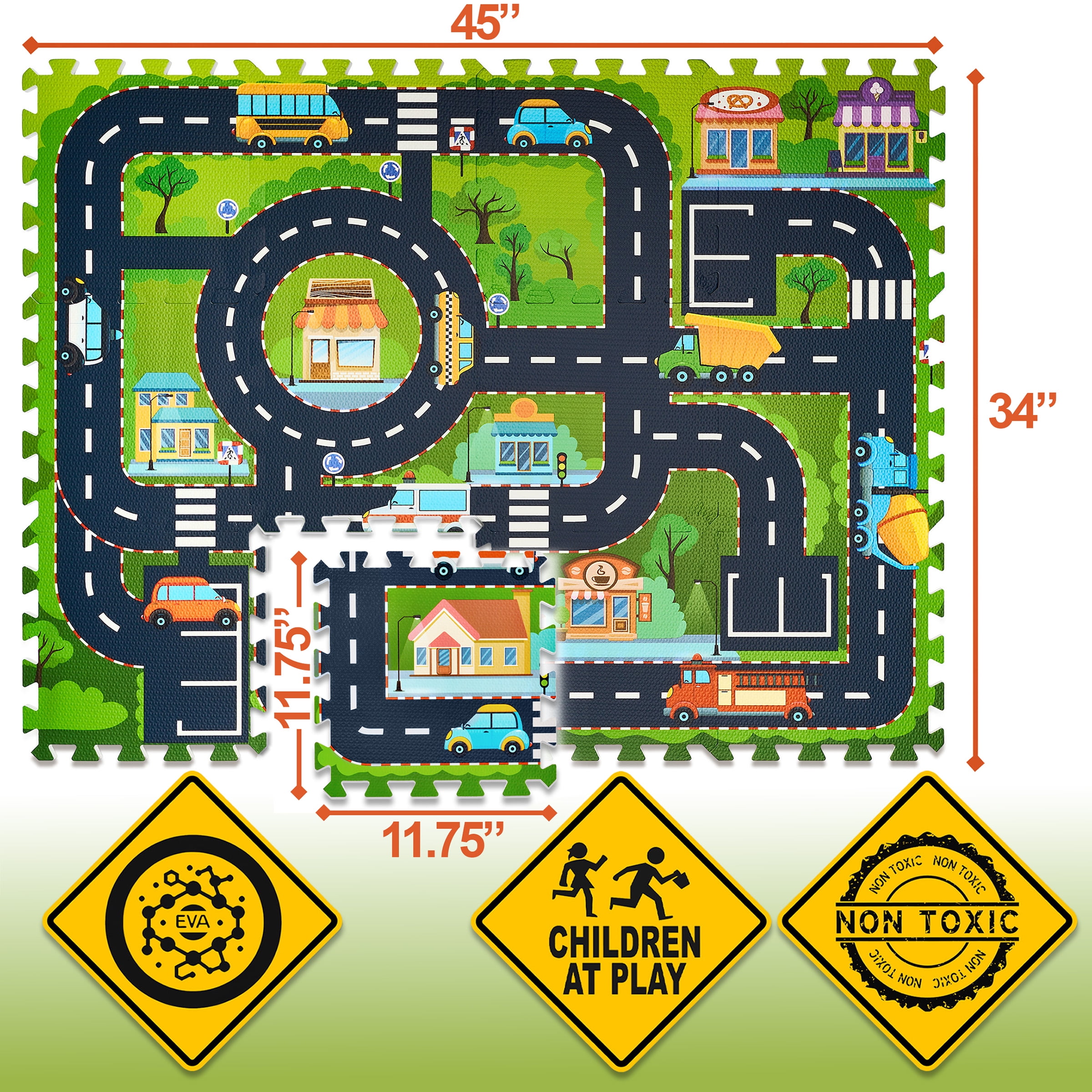 Sorbus Foam Playmat for Kids - Traffic Play Mat for Babies - Interlocking Floor Mats City Road Design - Track Play Rug for Children - Educational Playmat Rug Squares for Toy Cars & Trucks (12 Tiles)