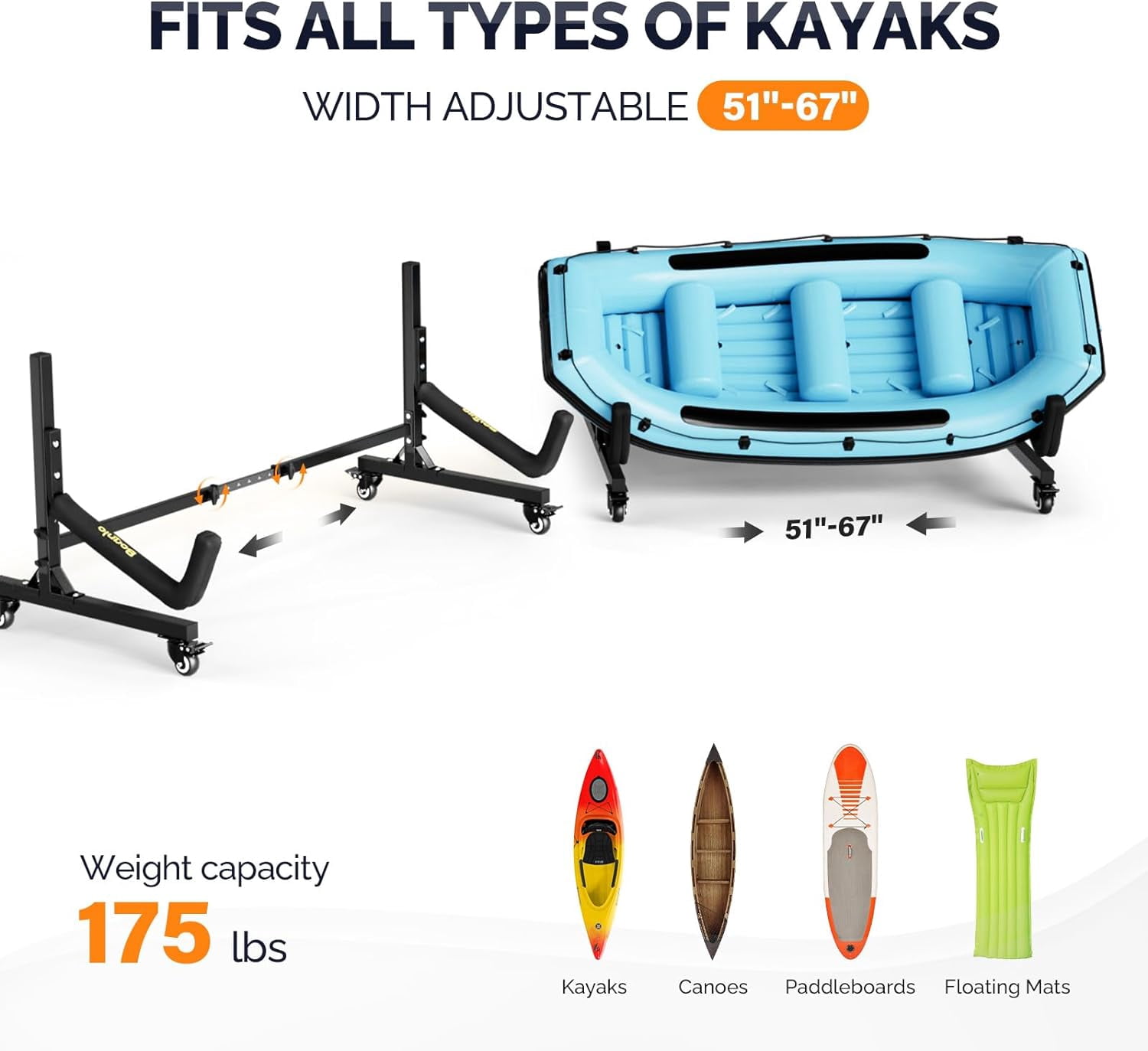 Neatifyes Kayak Stand Freestanding Storage Rack for Kayak Canoe Boat Paddle Board SUP Surfboard for Indoor Outdoor Garage, Shed, Dock with Lockable Wheels Wide Adjustable