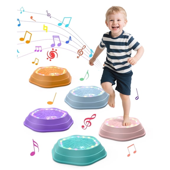 Holyton Light-Up Musical Stepping Stones for Kids Ages 3-6, 5-Pack Sensory Balance Stones with Rechargeable Batteries, Non-Slip Indoor Outdoor Active Play Toy, Pink