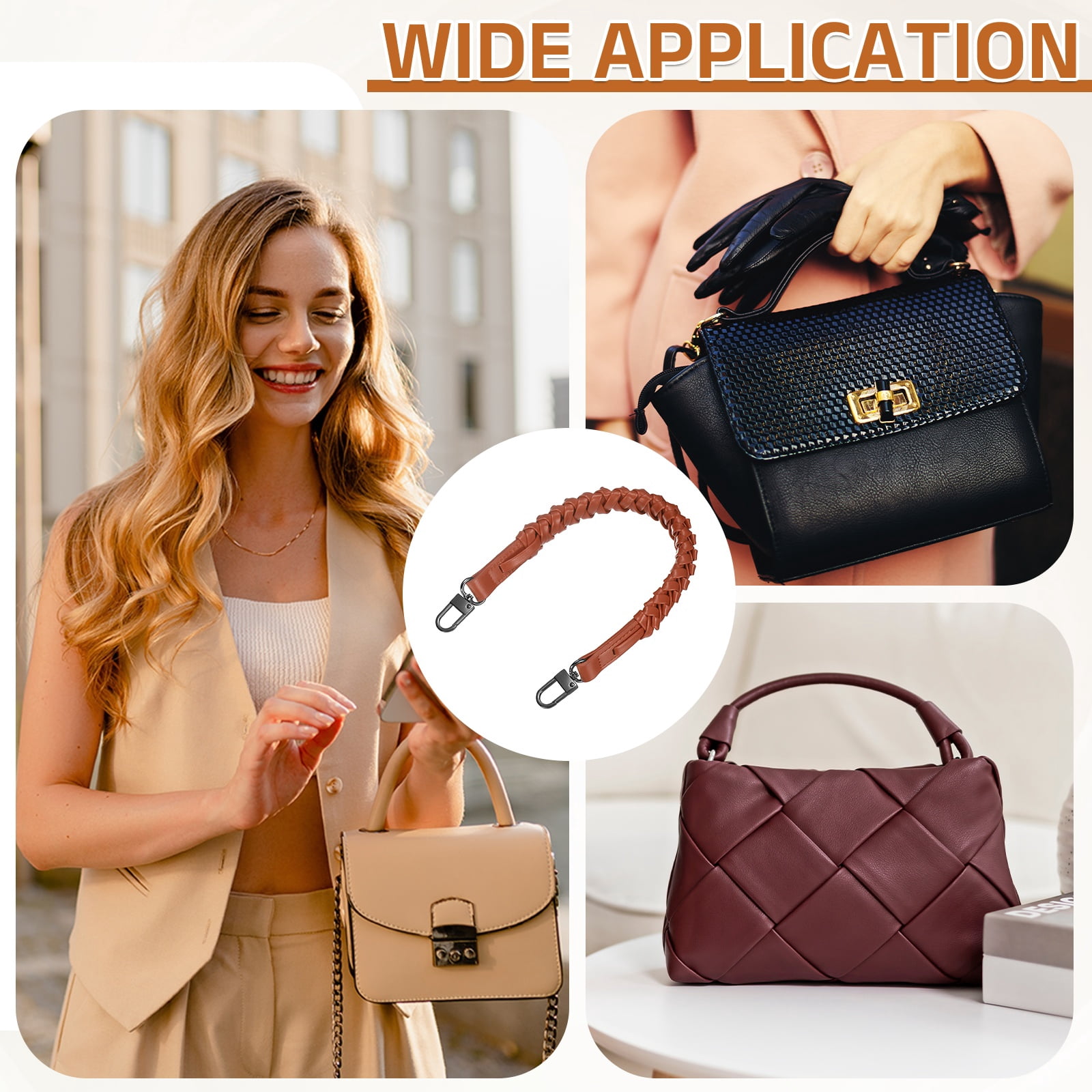 Braided Purse Strap, 2Pack 44.7cm/17.6" Orange-Red PU Leather with Black Buckles for Underarm Bags, Handbags