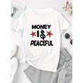 thumbnail image 2 of Women's Fashionable Peace Star Graphic Tee - Casual Round Neck Short Sleeve, Comfortable Polyester Blend Summer Top with "MONEY IS PEACEFUL" Print, 2 of 6