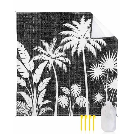 Beach Blanket Waterproof Sandproof Tropical Palm Tree Beach Blankets with Stakes Quick Dry Sand Free Outdoor Picnic Mats Summer Coastal Black Linen Large Beach Mat for Sand Camping Hiking 108 x84