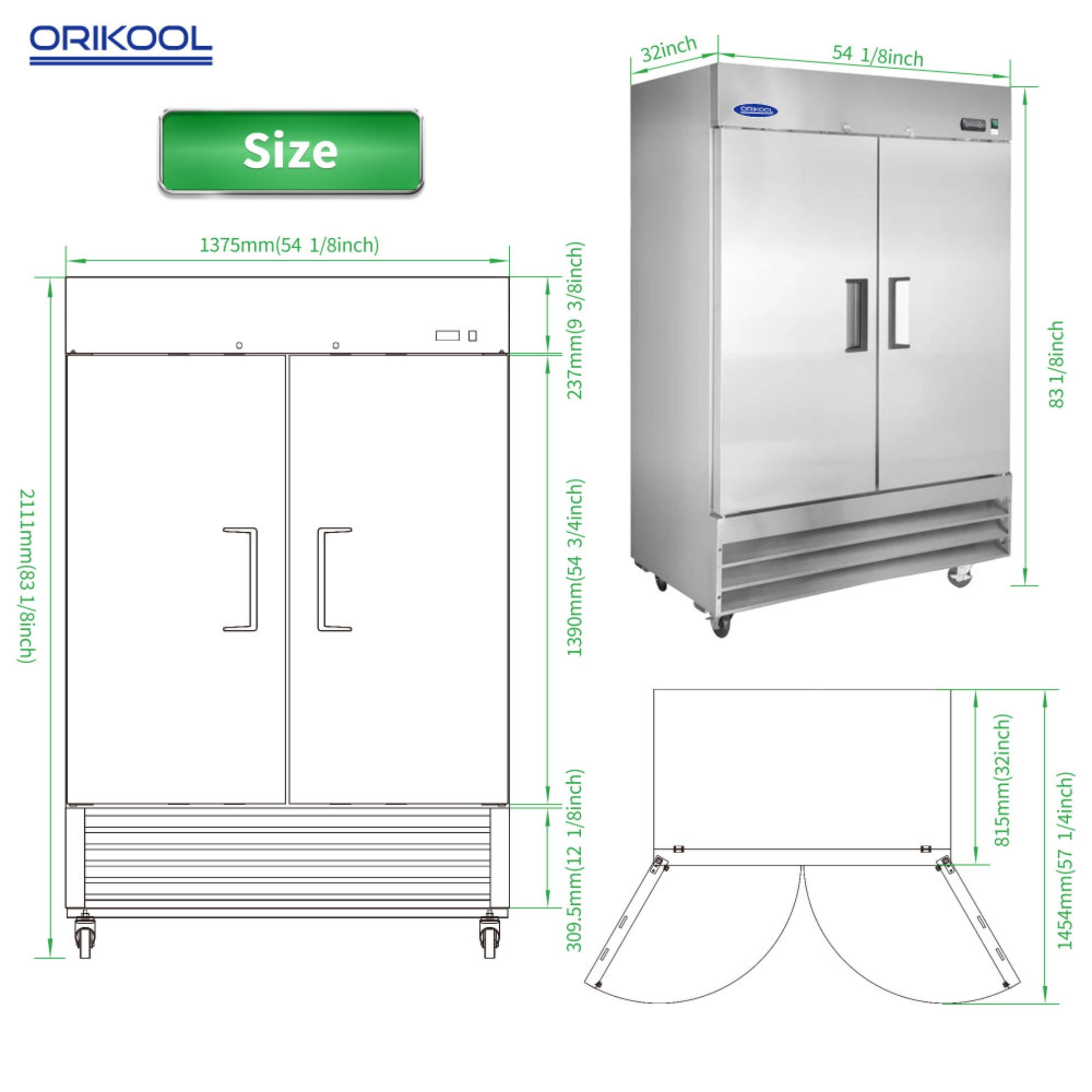 54" Commercial Refrigerator 49 Cu.ft with 2 Solid Door Reach-In Refrigerators Stainless Steel ETL Approved Upright Fridge Storage(LTL carry)