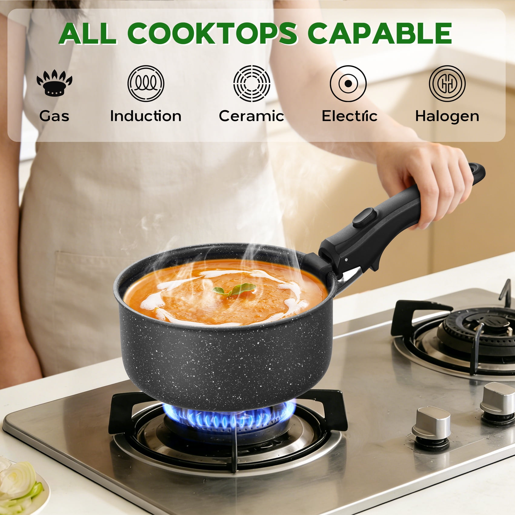Walchoice 5Pcs Pots and Pans Set, Granite Nonstick Cookware Set with Detachable Handle, Stackable Kitchen Cooking Set with Saucepan Frying Pans, Induction Compatible & Oven Safe - Black