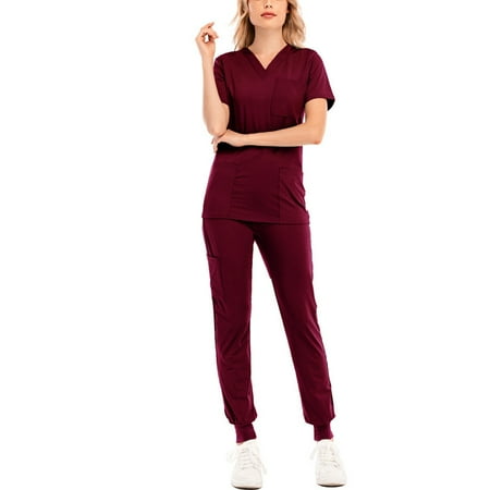 

Sksloeg Scrub Set Women Clearance 4 Way Stretch 2 Pocket V-Neck Top with Drawstring Pants Nursing Short Sleeve Workwear Khaki S