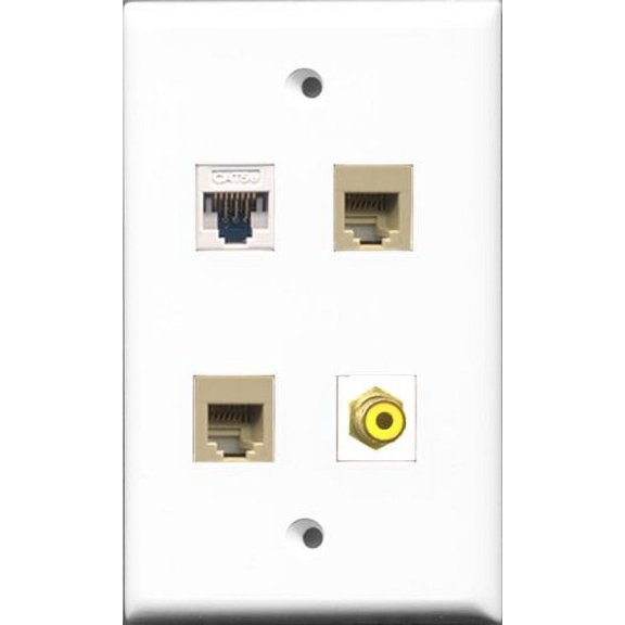 RiteAV 1 Port RCA Yellow 2 Port Phone RJ11 RJ12 Beige and 1 Port Cat5e Ethernet White Wall Plate
