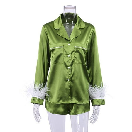 

QWZNDZGR Hiloc Feather Full Sleeve Women Pajama Sets Suits With Shorts Pocket Sleepwear Turn Down Collar Nightwear Single Breasted Pijama